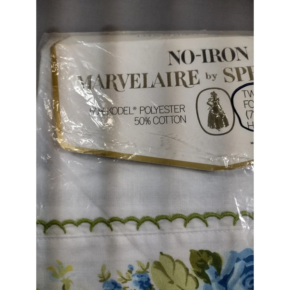 Vtg Sealed Marvelaire by Springmaid Twin Flat Sheet Blue Rose Floral No-Iron